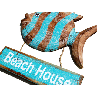 SEESTERN Holzbild Wand Holz Bild Beach House Fisch Homedeko 30 x 30cm /2372 Tuerkis