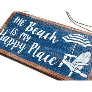 SEESTERN Holzbild Wand Holz Bild  Beach Happy Place Strand Schild 40 x 20cm /2374