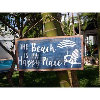 SEESTERN Holzbild Wand Holz Bild  Beach Happy Place Strand Schild 40 x 20cm /2374